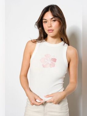 Embroidered Hibiscus Flower Ribbed Tank Top - Pretty Garbage